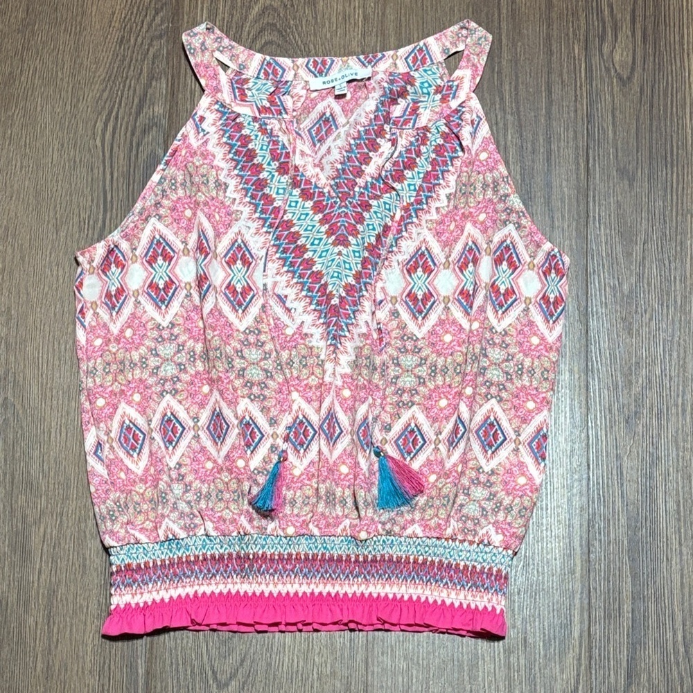 Rose + Olive Boho Tassel Sleeveless Tank Top Pink Aztec Print Size L